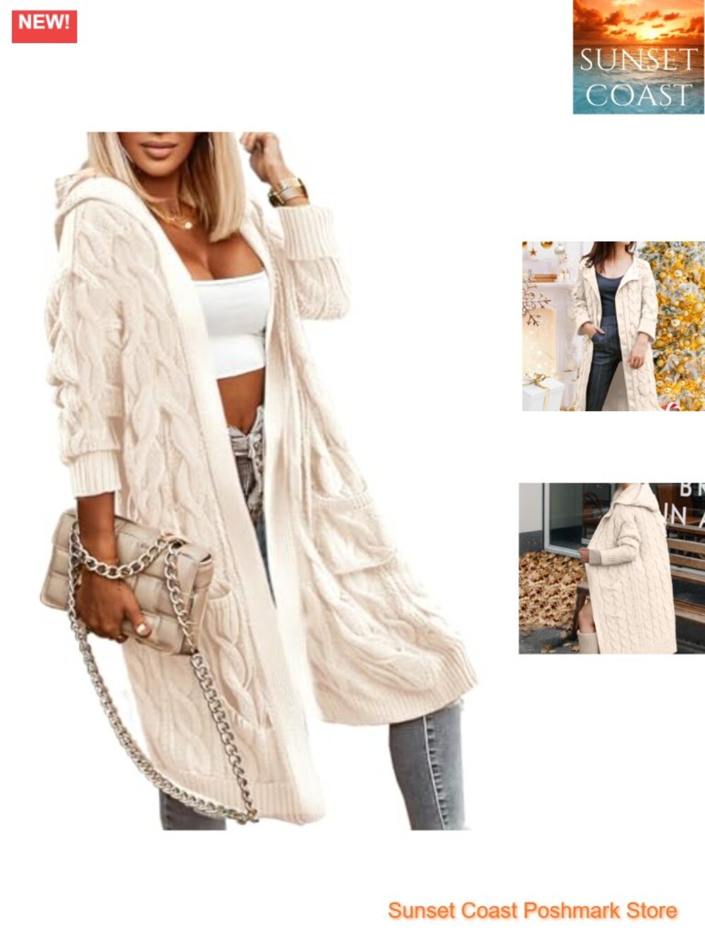 Womens Oversized Cable Knit Hooded Cardigan Long Loose Fit Sweater Coat